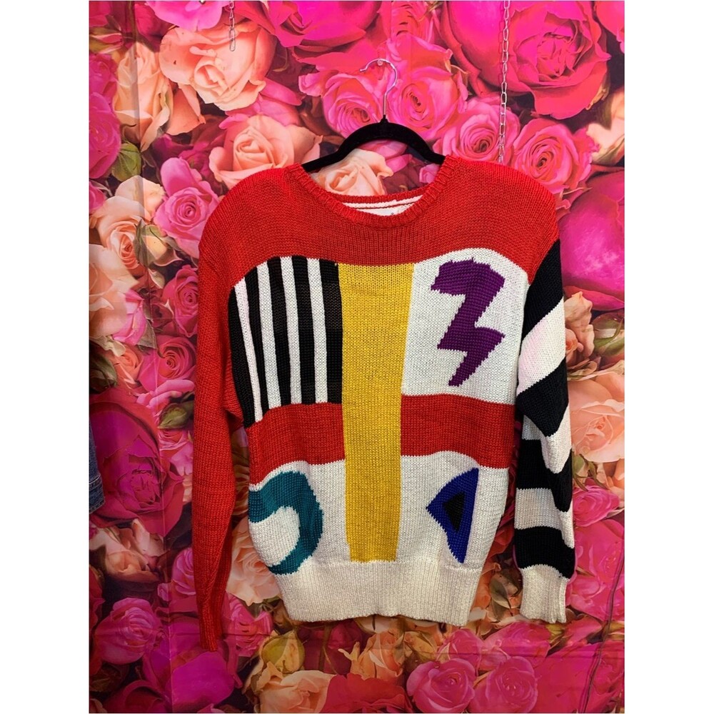 Colorblock Graphic Knit Sweater - Red 80s Shoulder Pads Excellent Condition